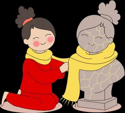 Girl in red wrapping a yellow scarf around a stone bust of an elderly woman
