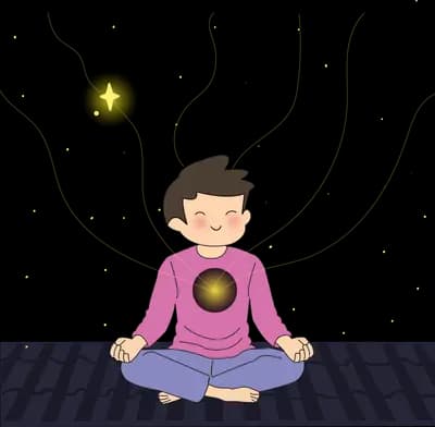 Boy meditating cross-legged on a dark mat with glowing orbs at his belly and above his head