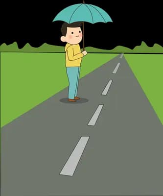 Boy standing alone with an umbrella on an empty grey road