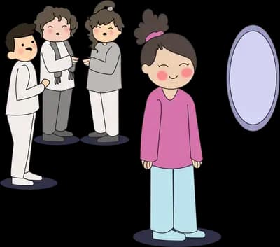 Woman standing apart from a huddle of whispering people beside an empty oval mirror