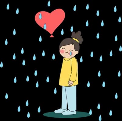 Girl standing in falling rain holding a red heart balloon