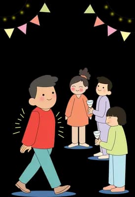 Boy walking away from a small cluster of children under party bunting