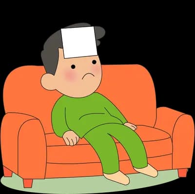 Man asleep on an orange sofa with a cloth on his forehead and zzz above