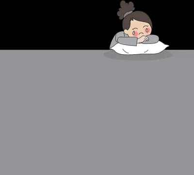 Girl resting her head on a pillow at the top edge of a large blank grey panel