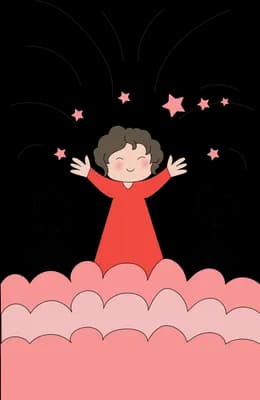 Girl standing on a large pink cake with arms raised amid confetti