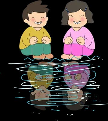 Boy and girl sitting reading books with their reflections rippling in the water below
