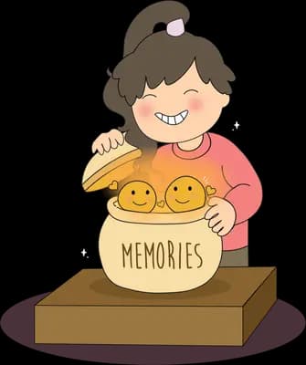 Girl lifting the lid of a jar labelled memories filled with smiling faces
