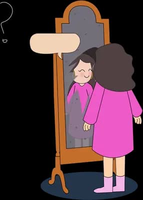 Girl standing in front of a tall wooden standing mirror looking at herself