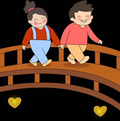 Two children sitting side by side on a wooden arched bridge with glowing lamps