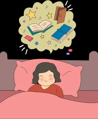 Girl asleep in a pink bed dreaming of books and notebooks in a thought cloud