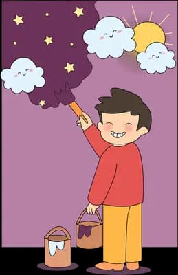 Boy painting stars and clouds on a purple bedroom wall with a paint bucket