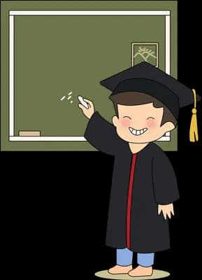 Boy in graduation cap and gown standing beside a green chalkboard