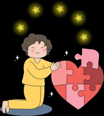 Girl kneeling to fit pieces into a red heart jigsaw puzzle under an arc of glowing orbs
