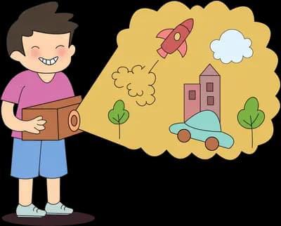 Boy holding an open book with a rocket, houses and trees rising from the pages