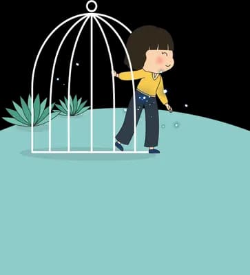Girl in a yellow top walking through bubbles by a picket fence over a blank teal panel