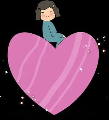Woman in teal sitting on top of a large pink heart with small spheres around it