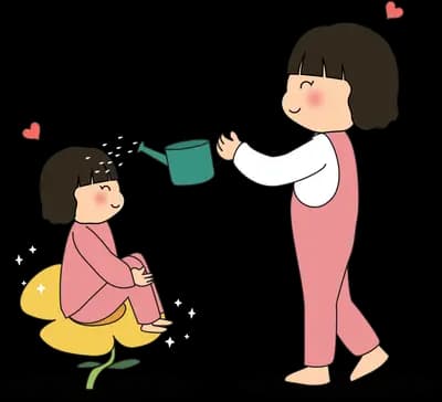 Older girl watering a smaller girl seated on a yellow flower with a watering can