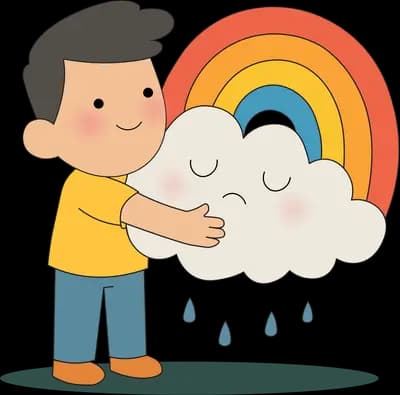 Boy hugging a sleepy rain cloud with a rainbow arcing behind