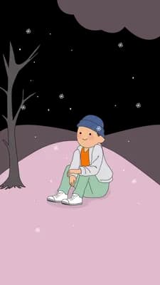 Boy in a beanie sitting on a pink winter hill beside a bare tree