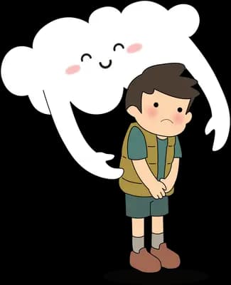Boy standing in front of a big smiling white cloud