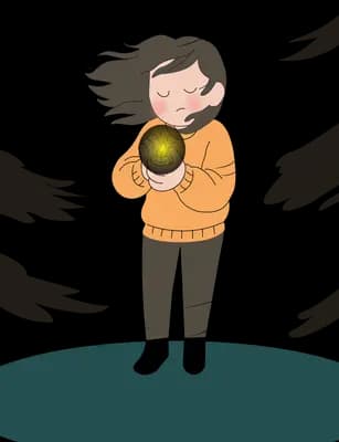 Woman in an orange sweater holding a glowing orb to her chest as wind blows her hair