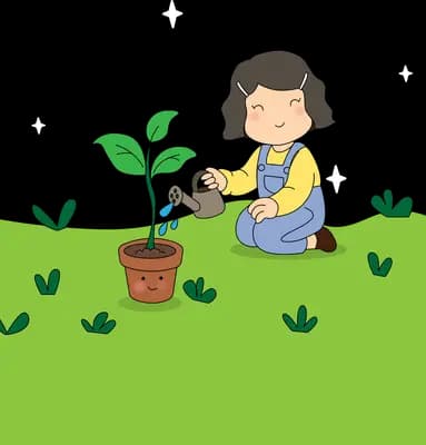 Girl in dungarees watering a potted seedling on a green panel