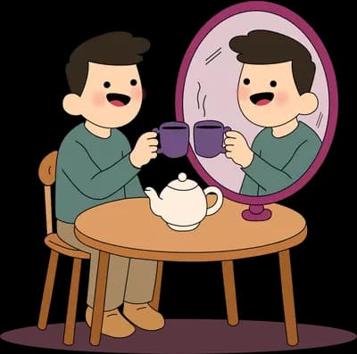 Man at a tea table toasting a mug with his own reflection in an oval mirror