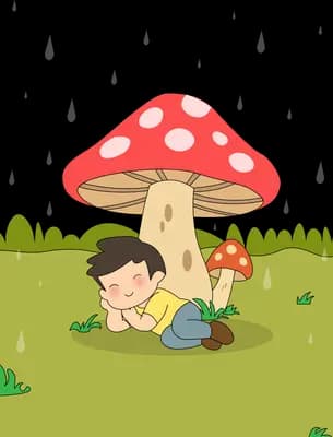 Boy lying reading a book under a large red toadstool mushroom
