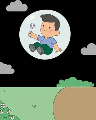 Boy sitting curled inside a transparent bubble above a green field