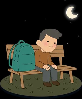 Man sitting alone on a park bench with a large backpack under a crescent moon