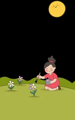 Girl kneeling to pick flowers on a green field under a small sun