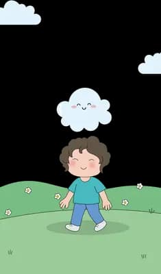 Boy standing on a green hill under a small crying rain cloud