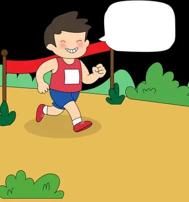 Boy running through a finish line ribbon with an empty speech bubble