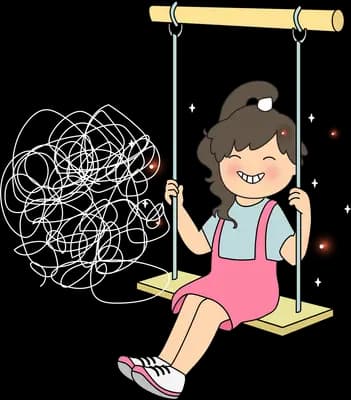 Girl swinging on a wooden swing with dark orbs floating around