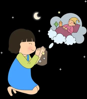 Girl kneeling with a jar of stars while a thought cloud shows her asleep in bed