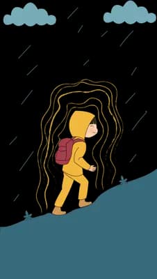 Small figure with a backpack climbing a dark blue slope in a beam of light