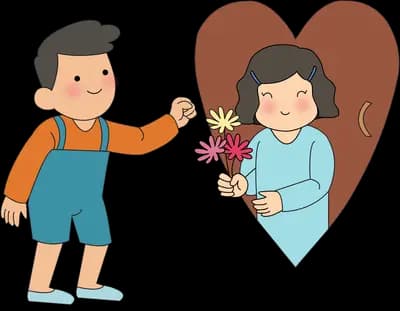 Boy handing a bunch of flowers to a girl in front of a large brown heart