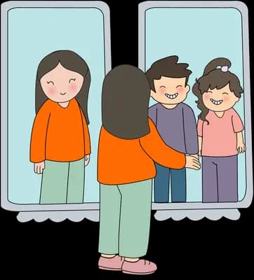 Woman standing before a mirror that reflects a whole family together