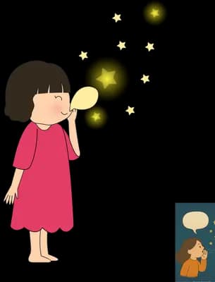 Girl in a pink dress blowing glowing bubbles beside a small dark night-scene card