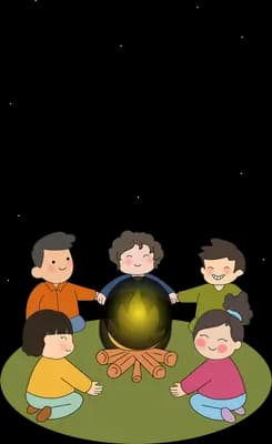 Children sitting in a circle around a campfire on the grass