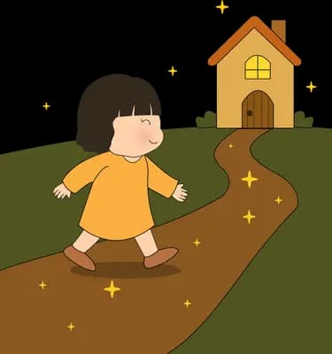 Girl walking up a winding path toward a small lit house on a hill