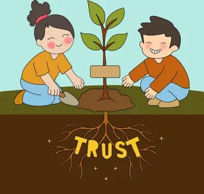 Two children planting a seedling in soil lettered trust