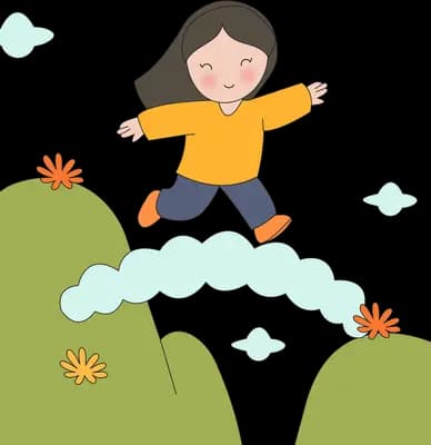 Girl leaping across a cloud bridge between two green cliffs