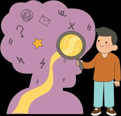 Man holding a magnifying glass to a purple silhouette head filled with symbols