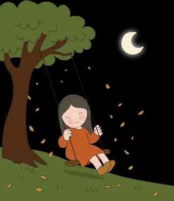 Girl sitting on a rope swing under a tree with falling leaves and a crescent moon