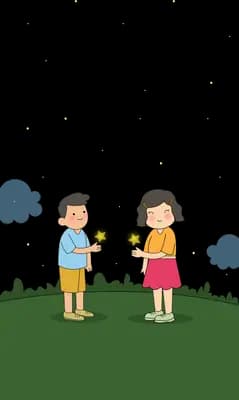 Boy and girl talking on a green field with small clouds behind them
