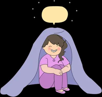 Girl sitting hugging her knees wrapped in a purple blanket with an empty speech bubble
