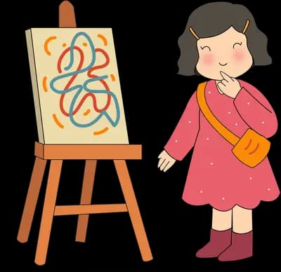 Woman studying a canvas of coloured scribbles on a wooden easel