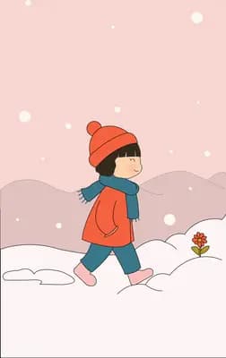 Child in a red coat and hat walking alone through pink snow