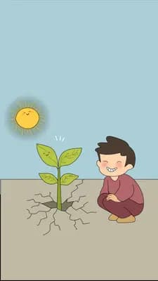 Boy crouching beside a sprouting seedling under a glowing orb sun
